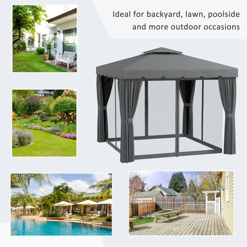 Outsunny 10' x 10' Outdoor Patio Gazebo Double Soft-top Garden Shelter Tent with Curtains, & Mesh Screen Drapes, Light Grey