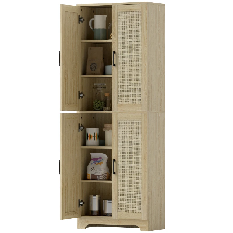 HOMCOM 67" Tall Kitchen Pantry, Freestanding Kitchen Storage Cabinet with 4 Rattan Doors and Adjustable Shelves, Oak