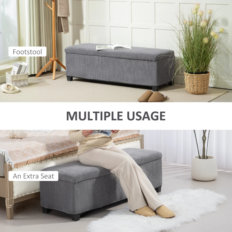 HOMCOM 47 Inches Storage Ottoman Bench, Foot Rest with Legs, End of Bed Bench, Corduroy Storage Chest for Living Room, Gray