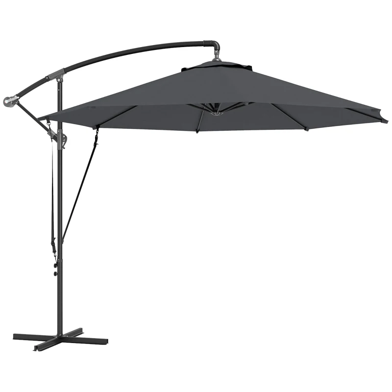 Outsunny 9.5' Cantilever Umbrella with Wind Protection Strap and Cover, Hanging Umbrella with Crank and Cross Base, UPF 50+, Grey