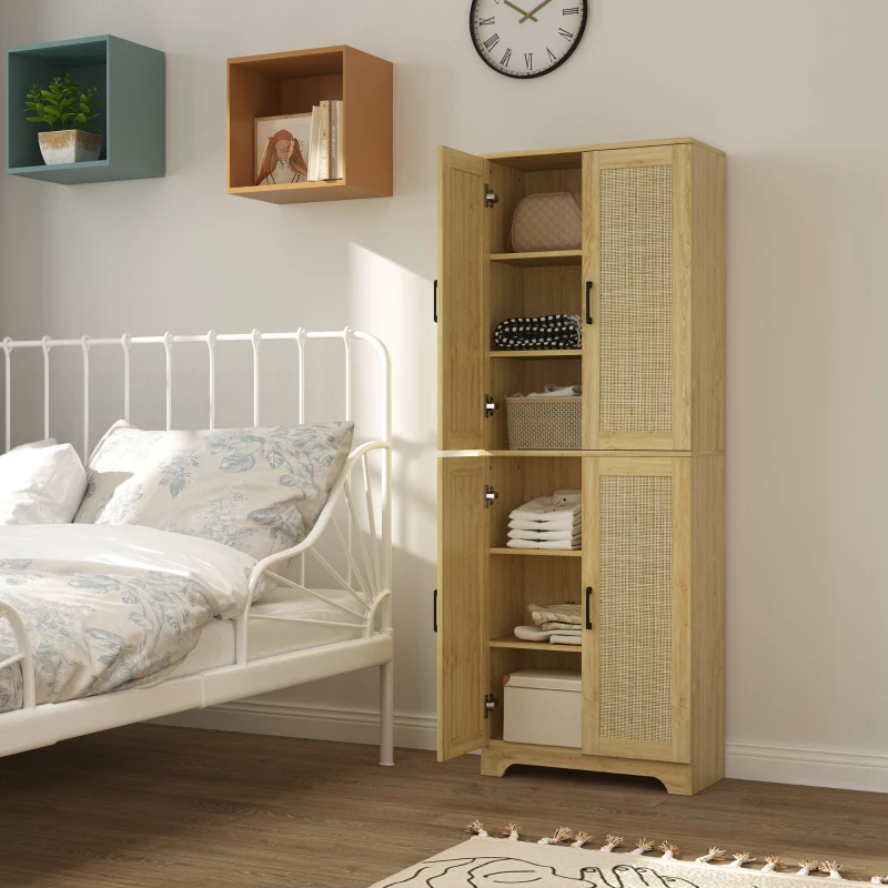 HOMCOM 67" Tall Kitchen Pantry, Freestanding Kitchen Storage Cabinet with 4 Rattan Doors and Adjustable Shelves, Oak