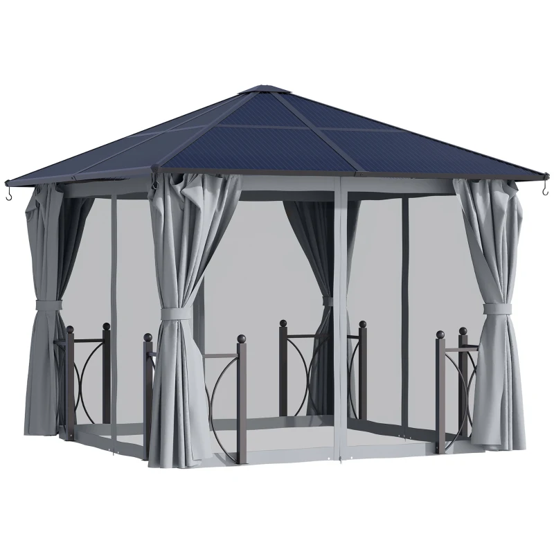 Outsunny 10' x 10' Hardtop Gazebo with PC Board Roof and Aluminum Frame, Patio Gazebo with Curtains and Netting for Party Wedding Marquee Tent, Black