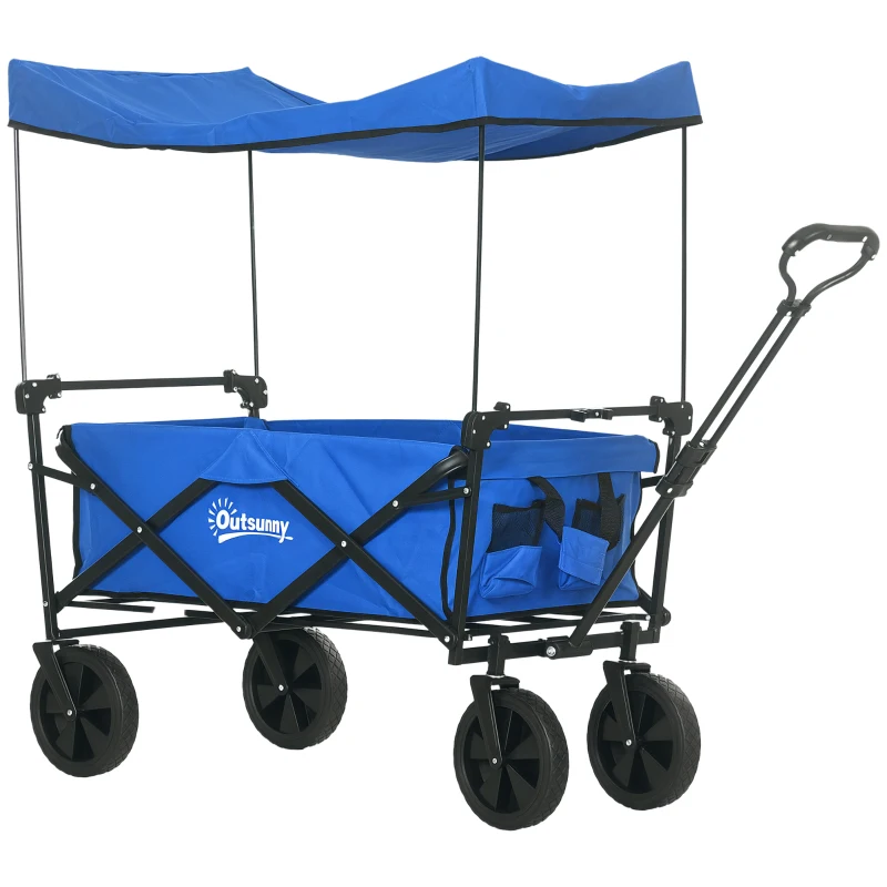 Outsunny Steel Frame Folding Garden Cart, Collapsible Wagon Cart with Removable Canopy, Telescopic Handle and Carrying Bag, Dark Blue