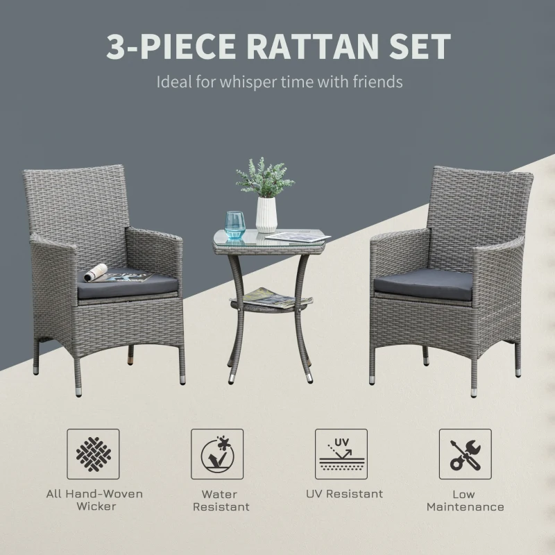 Outsunny 3 Pieces Wicker Patio Furniture Set, Rattan Bistro Set with Glass Top Coffee Table and Cushions, Outdoor Conversation Set for Garden, Porch, Balcony, Grey
