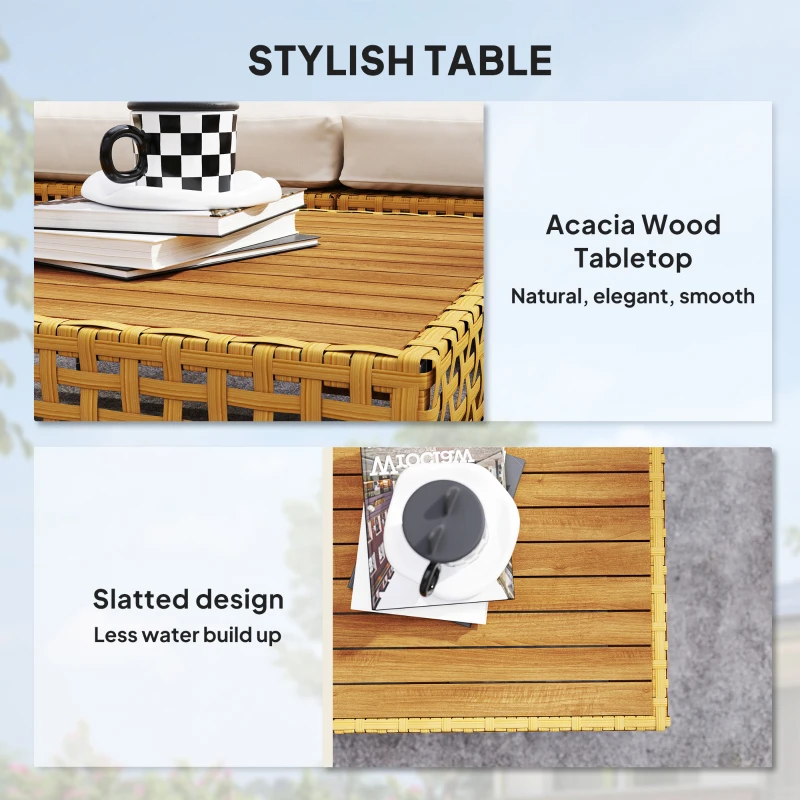 Outsunny 7 Piece Wicker Patio Furniture Set, Modular Outdoor Sectional with Thickened Cushions, Acacia Wood Table, Khaki/Beige