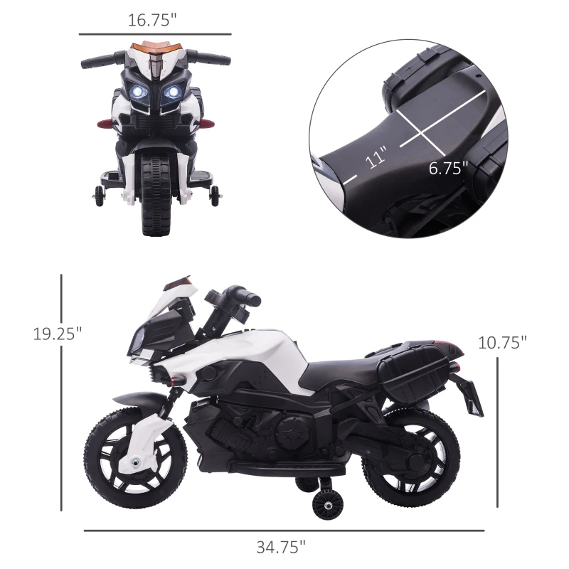 Aosom 6V Electric Motorcycle for Kids, Dirt Bike, Battery-Powered Ride-On Toy Off-Road Street Bike with Pedal, Headlights, and Training Wheels, White