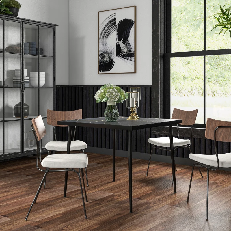 Outsunny Outdoor Dining Table for 4, Square Patio Dining Table with Marble Effect Tempered Glass Top and Steel Frame, Black