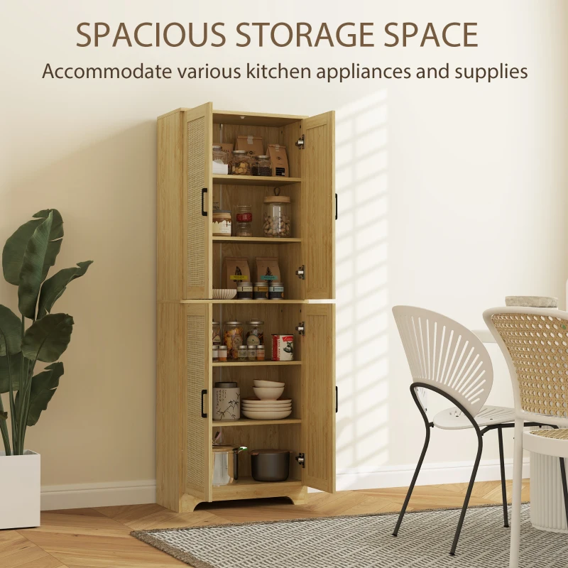 HOMCOM 67" Tall Kitchen Pantry, Freestanding Kitchen Storage Cabinet with 4 Rattan Doors and Adjustable Shelves, Oak