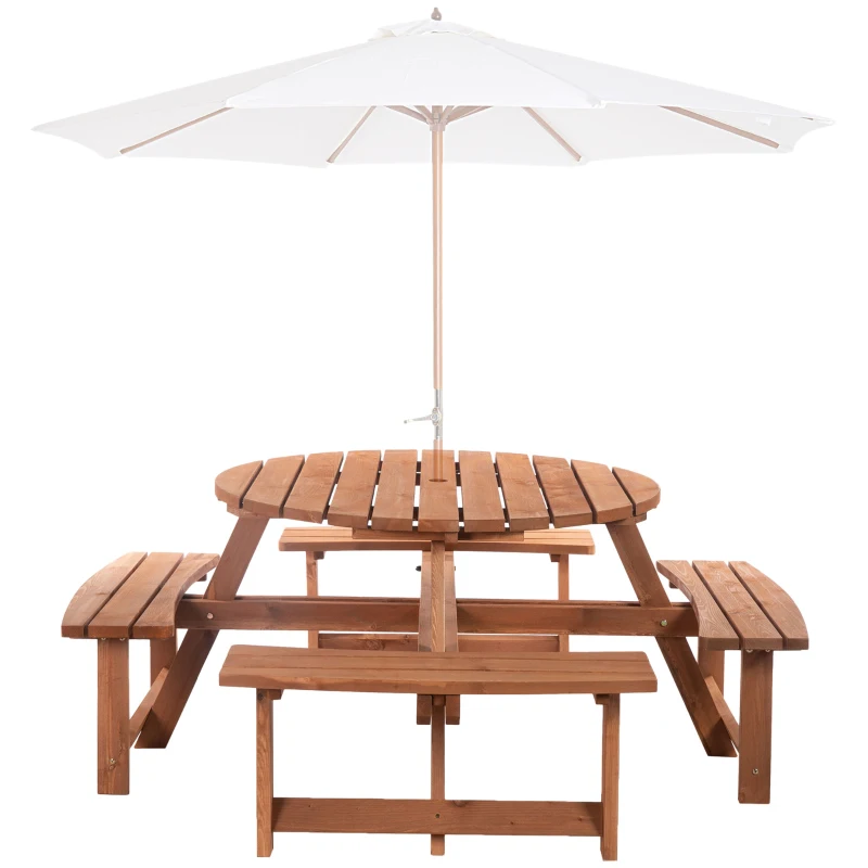 Outsunny 8 Seater Round Wooden Pub Bench & Picnic Table, Patio Dining Set for Outdoor Patio (Umbrella Not Included)