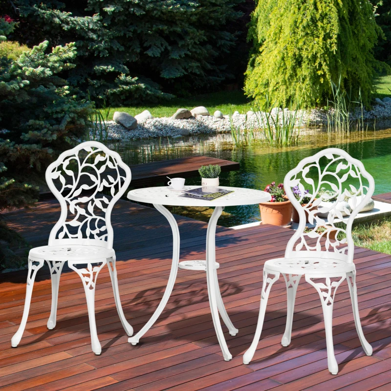 Outsunny 3 Pieces Outdoor Furniture Set, Patio Table and Chairs with Cast Aluminum Frame for Garden, Balcony, Porch, White
