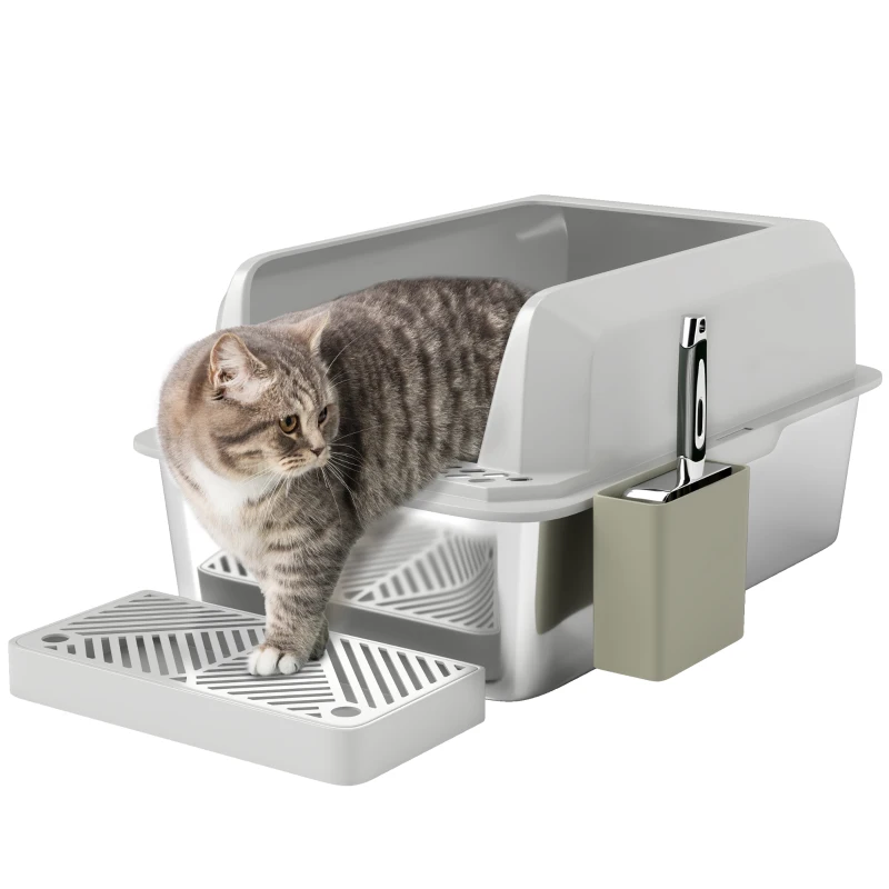 PawHut Stainless Steel Cat Litter Box High Sided with Metal Scoop & Holder, Non-Sticky, Easy to Clean, Anti-Urine Leakage