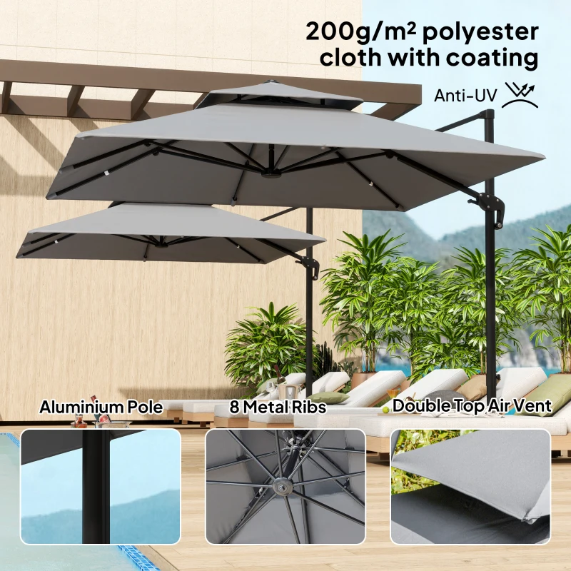 Outsunny 10' x 10' Cantilever Patio Umbrella, Double Top Square Offset Umbrella with 360° Rotation, Light Grey