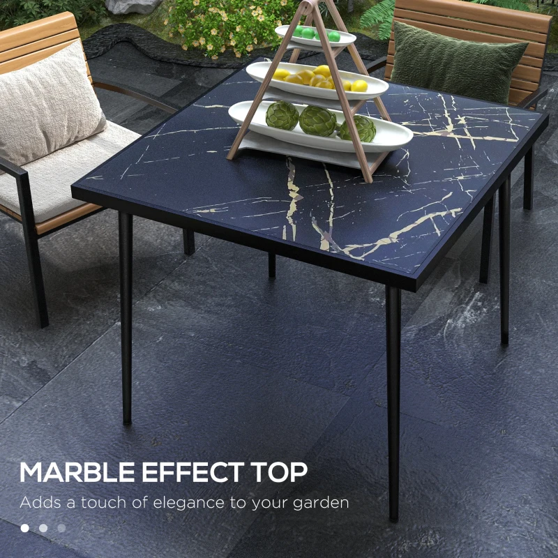 Outsunny Outdoor Dining Table for 4, Square Patio Dining Table with Marble Effect Tempered Glass Top and Steel Frame, Black