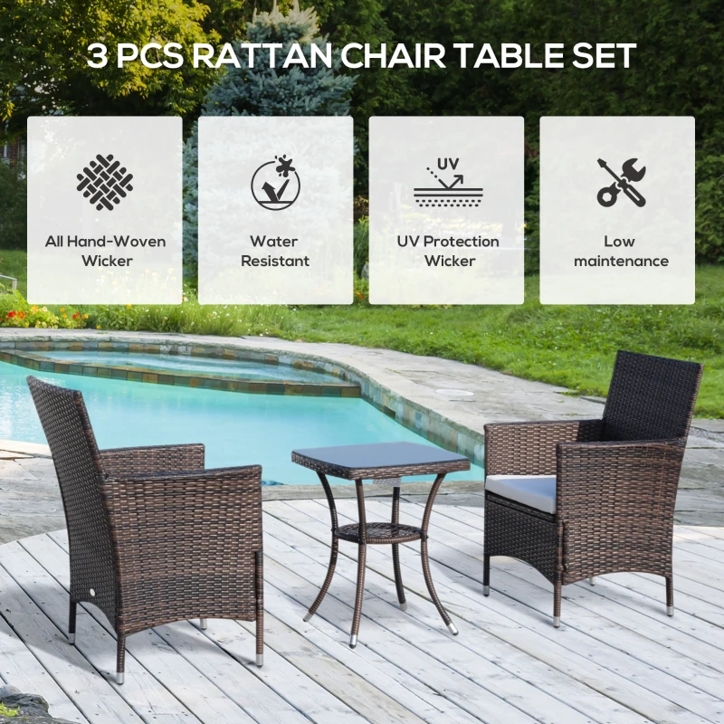 Outsunny 3 Pieces Wicker Patio Furniture Set, Rattan Bistro Set with Glass Top Coffee Table and Cushions, Outdoor Conversation Set for Garden, Porch, Balcony, Coffee