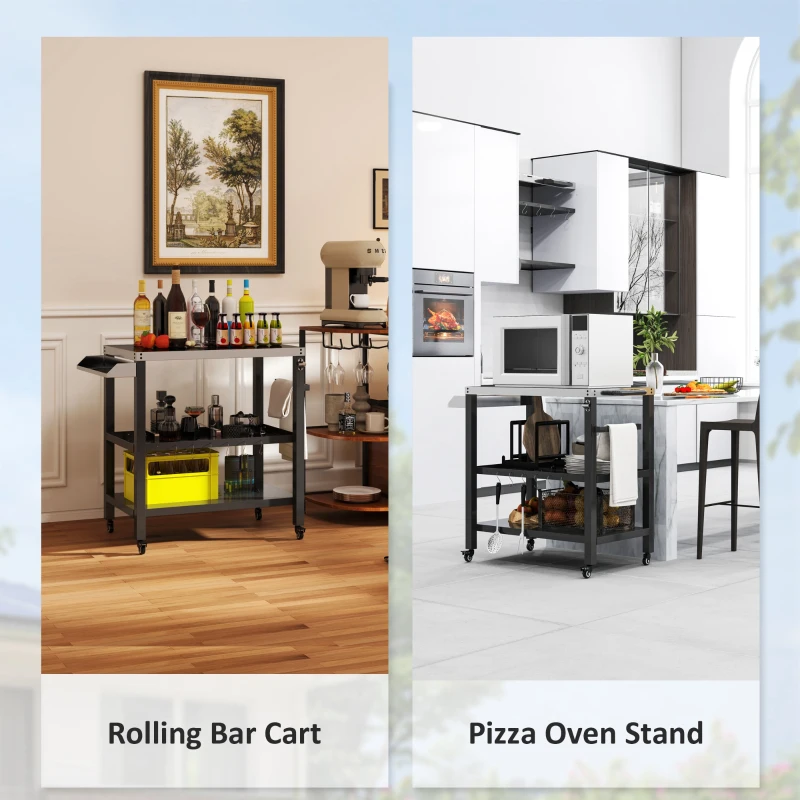Outsunny Outdoor Kitchen Bar Cart BBQ Table with Wheels, Stainless Steel Pizza Oven Stand, Movable Prep Table with Hooks