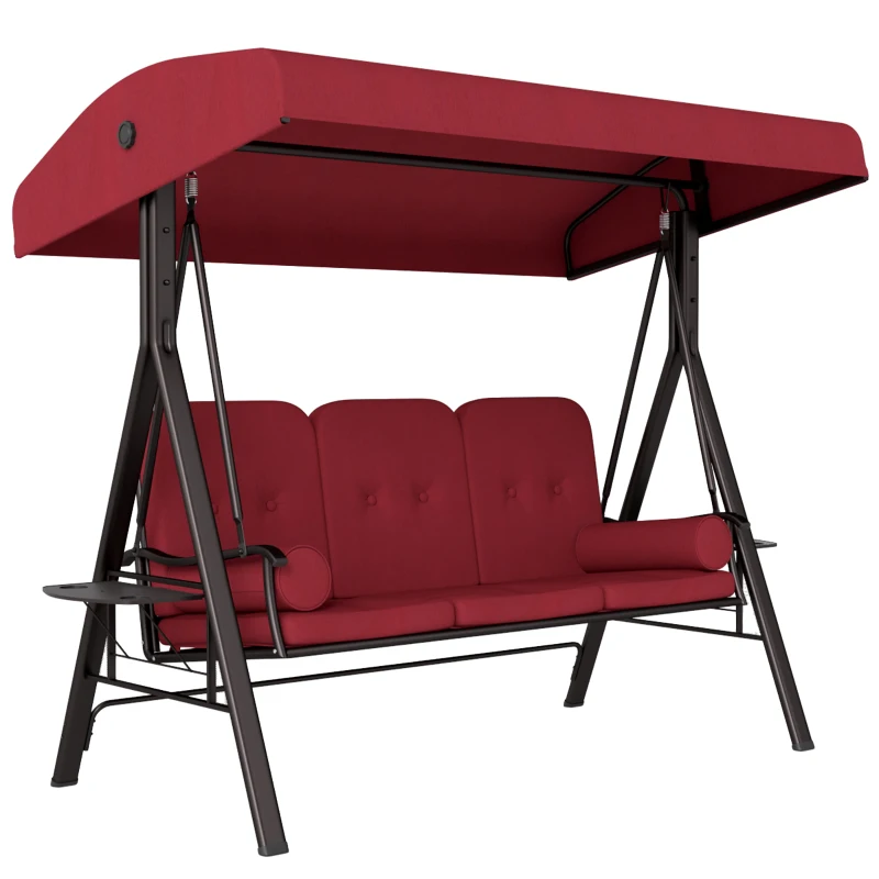 Outsunny Outdoor Patio 3-Person Steel Canopy Cushioned Seat Bench Swing with Included Side Trays & Padded Comfort, Wine Red