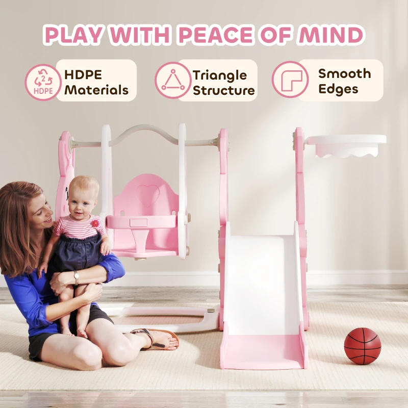 Qaba 4 in 1 Toddler Slide and Swing Set with Climber, Basketball Hoop, Rabbit Themed Kids Playset for Ages 1.5-4, Pink