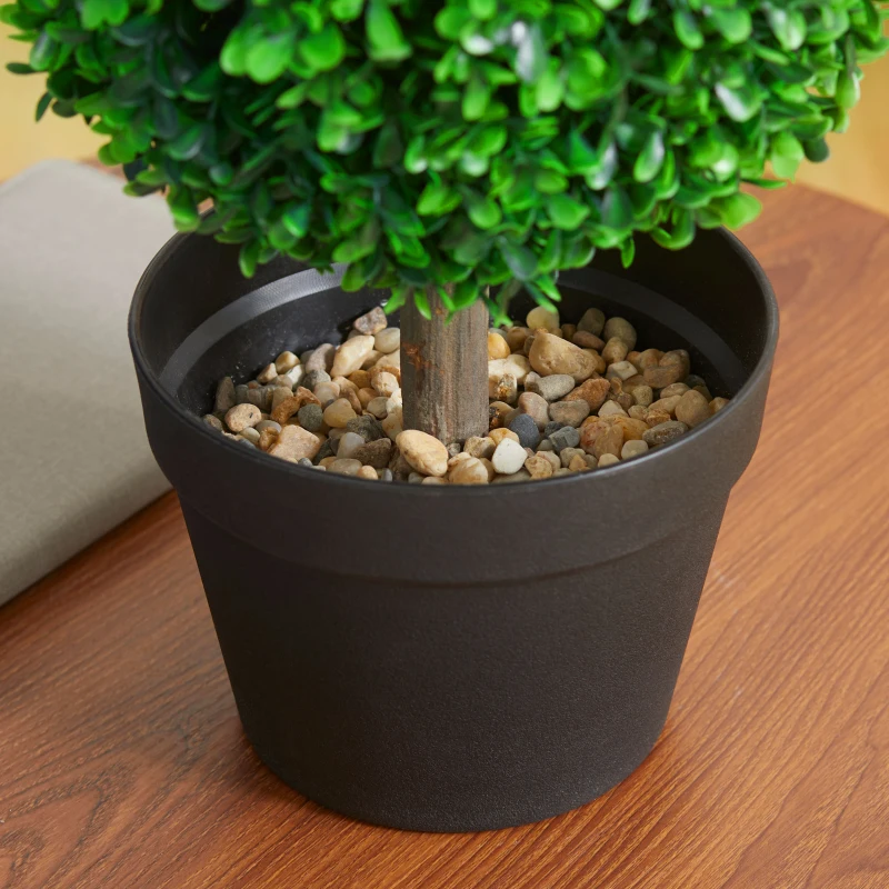 HOMCOM 2 Pcs 23.6" Artificial Boxwood Ball Topiary Tree Set of 2 Fake Plants in Pot with Double Ball-Shaped Leaves Green