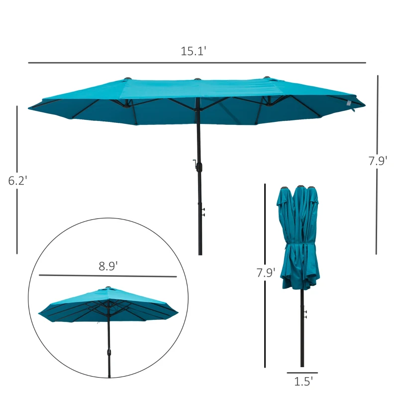 Outsunny 15ft Double-sided Patio Umbrella with Twin Canopy, Extra Large Outdoor Parasol with Crank for Pool, Deck, Market, Sky Blue