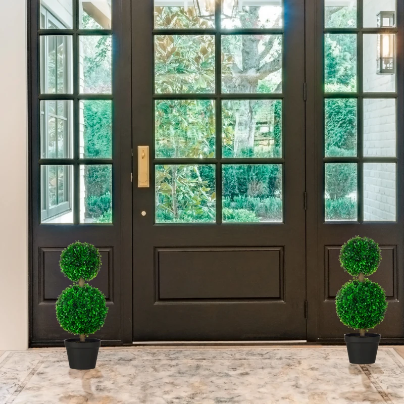 HOMCOM 2 Pcs 23.6" Artificial Boxwood Ball Topiary Tree Set of 2 Fake Plants in Pot with Double Ball-Shaped Leaves Green