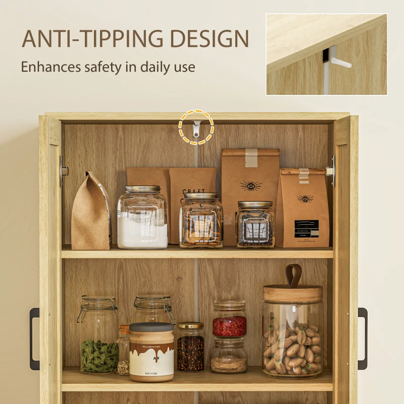 HOMCOM 67" Tall Kitchen Pantry, Freestanding Kitchen Storage Cabinet with 4 Rattan Doors and Adjustable Shelves, Oak