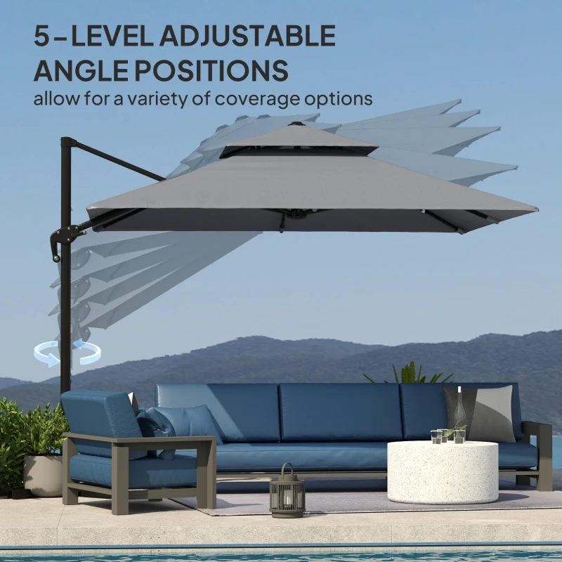 Outsunny 10' x 10' Cantilever Patio Umbrella, Double Top Square Offset Umbrella with 360° Rotation, Light Grey