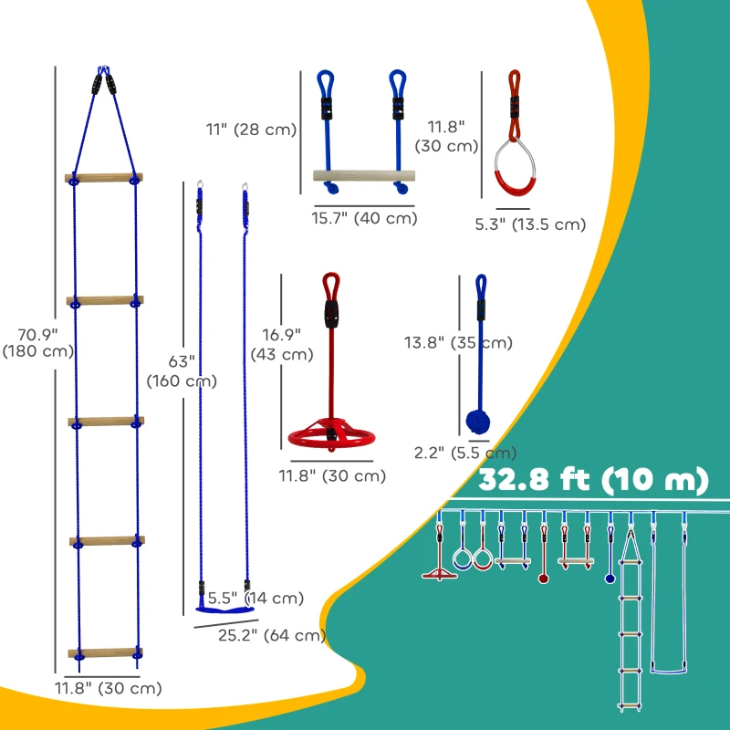 Qaba 32.8' Ninja Warrior Obstacle Course for Kids 3-6 Years, with Swing, Monkey Bars, Climbing Ladder, Gym Rings, Blue