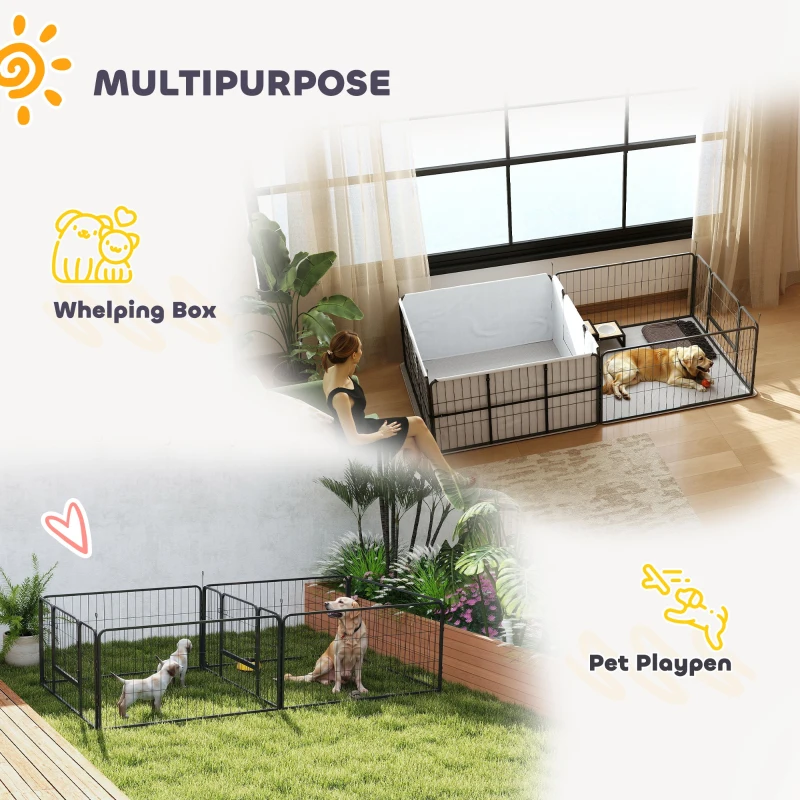 PawHut 7 Panel Dog Whelping Box Convertible DIY Pet Playpen with Washable Pee Pads, 600D Oxford Fabric, 96" x 48" x 24"