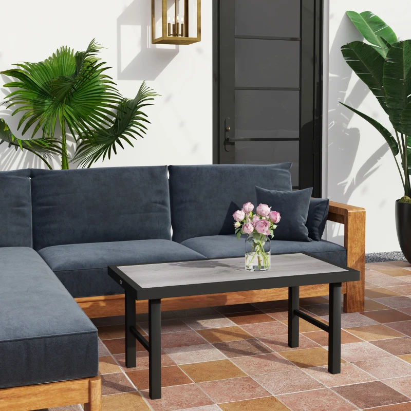 Outsunny Outdoor Side Table with SPC Woodgrain Tabletop, Metal Patio Coffee Table for Outside Garden, Distressed Grey