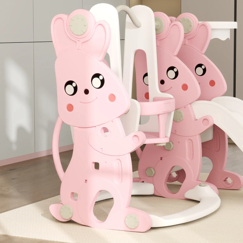 Qaba 4 in 1 Toddler Slide and Swing Set with Climber, Basketball Hoop, Rabbit Themed Kids Playset for Ages 1.5-4, Pink