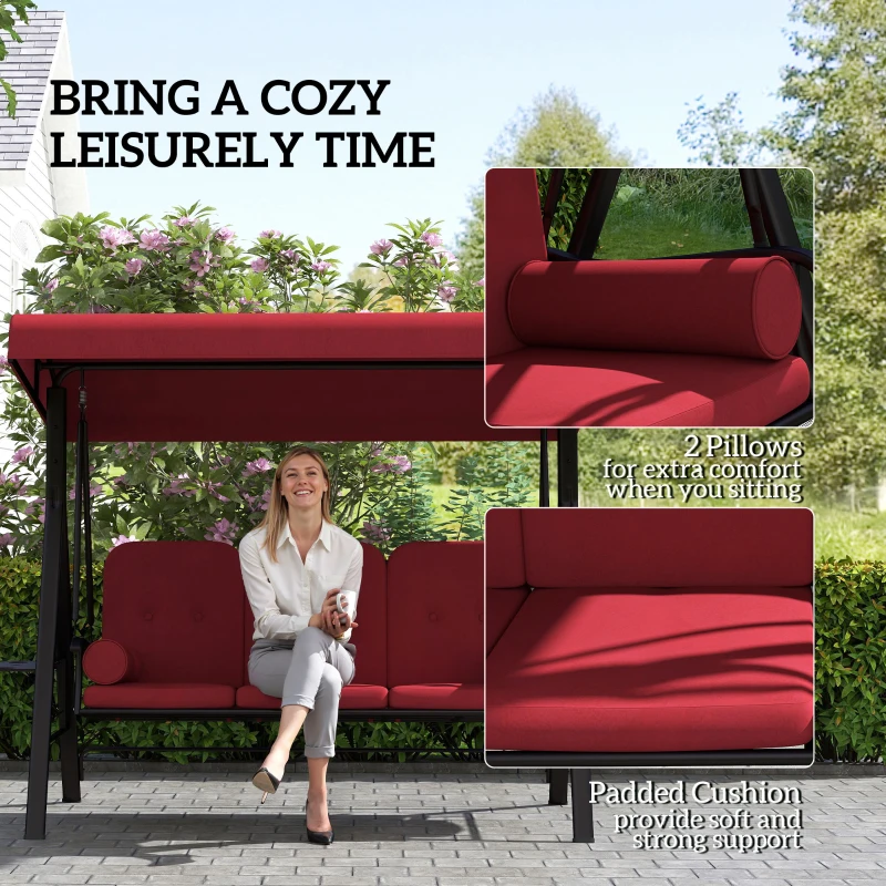 Outsunny Outdoor Patio 3-Person Steel Canopy Cushioned Seat Bench Swing with Included Side Trays & Padded Comfort, Wine Red
