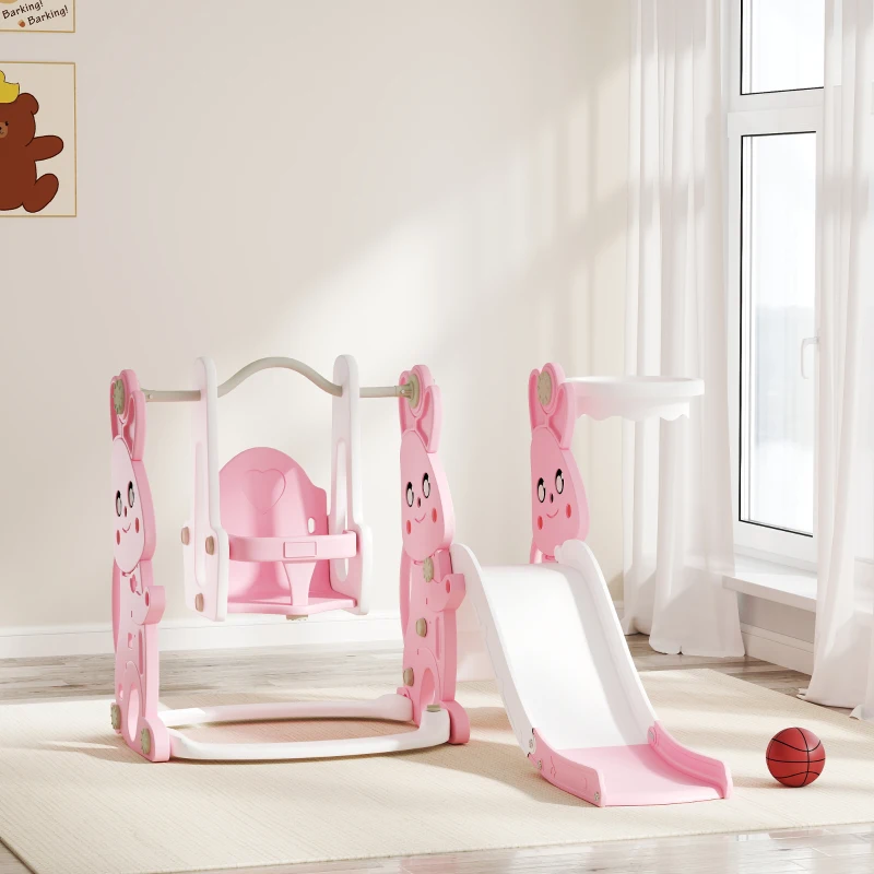 Qaba 4 in 1 Toddler Slide and Swing Set with Climber, Basketball Hoop, Rabbit Themed Kids Playset for Ages 1.5-4, Pink