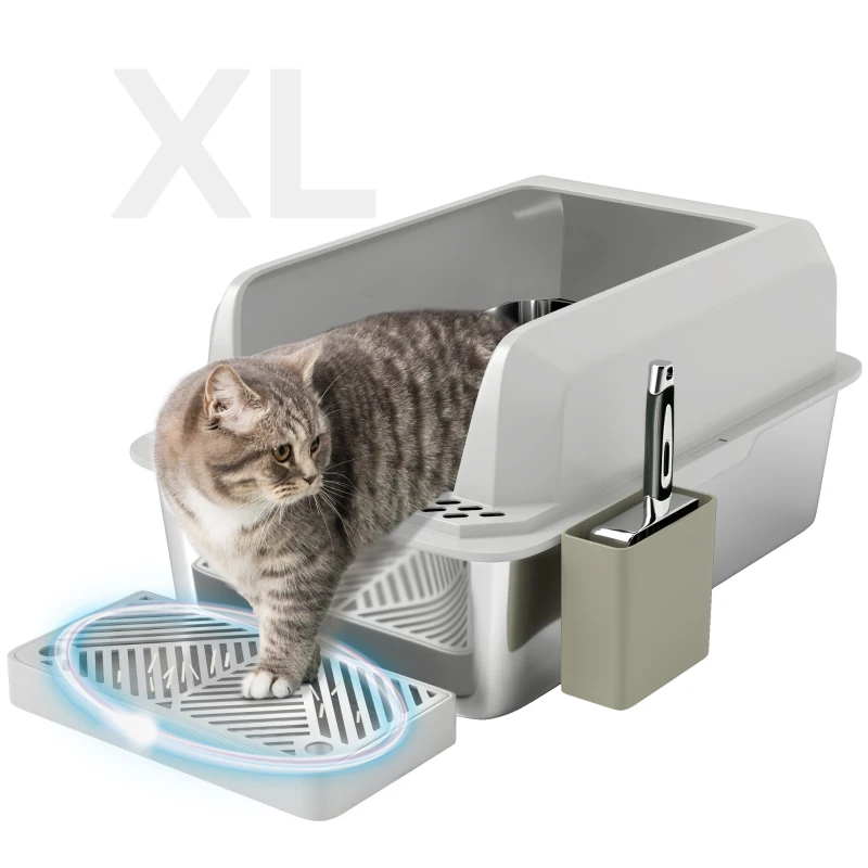 PawHut Stainless Steel Litter Box with Metal Scoop & Scoop Holder, High Sided, Anti-Urine Leakage, Non-Sticky