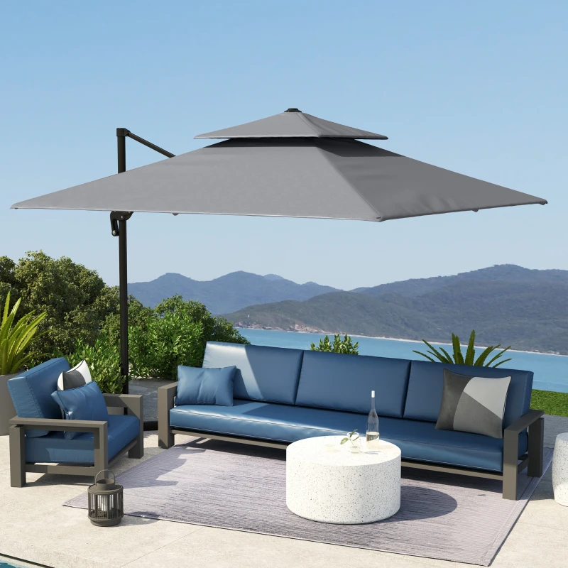 Outsunny 10' x 10' Cantilever Patio Umbrella, Double Top Square Offset Umbrella with 360° Rotation, Light Grey