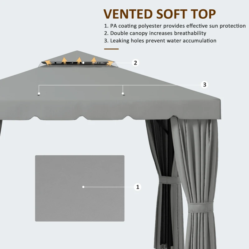 Outsunny 10' x 10' Outdoor Patio Gazebo Double Soft-top Garden Shelter Tent with Curtains, & Mesh Screen Drapes, Light Grey