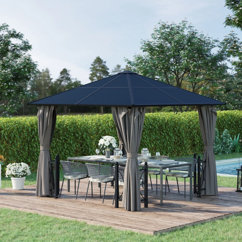 Outsunny 10' x 10' Hardtop Gazebo with PC Board Roof and Aluminum Frame, Patio Gazebo with Curtains and Netting for Party Wedding Marquee Tent, Black