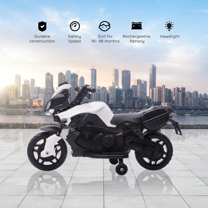 Aosom 6V Electric Motorcycle for Kids, Dirt Bike, Battery-Powered Ride-On Toy Off-Road Street Bike with Pedal, Headlights, and Training Wheels, White