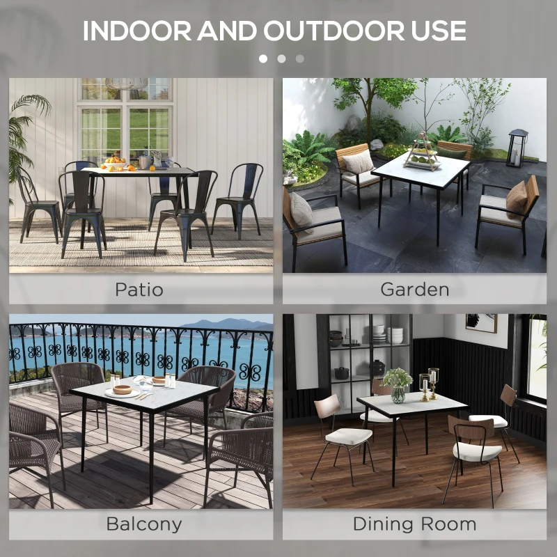 Outsunny Outdoor Dining Table for 4, Square Patio Dining Table with Marble Effect Tempered Glass Top and Steel Frame, White