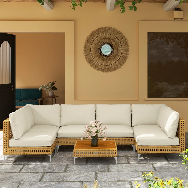 Outsunny 7 Piece Wicker Patio Furniture Set, Modular Outdoor Sectional with Thickened Cushions, Acacia Wood Table, Khaki/Beige