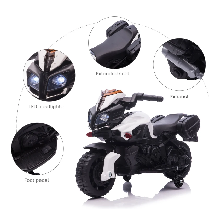 Aosom 6V Electric Motorcycle for Kids, Dirt Bike, Battery-Powered Ride-On Toy Off-Road Street Bike with Pedal, Headlights, and Training Wheels, White