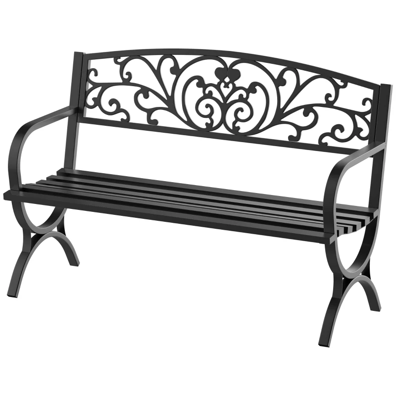 Outsunny 50" 2-Seater Garden Bench, Patio Porch Decorative Chair Cast Iron Loveseat Outdoor Furniture for Yard, Lawn, Porch, Black