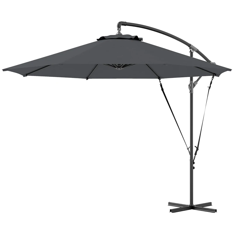 Outsunny 9.5' Cantilever Umbrella with Wind Protection Strap and Cover, Hanging Umbrella with Crank and Cross Base, UPF 50+, Grey