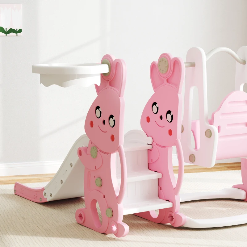 Qaba 4 in 1 Toddler Slide and Swing Set with Climber, Basketball Hoop, Rabbit Themed Kids Playset for Ages 1.5-4, Pink