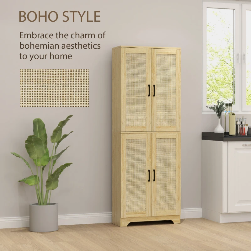 HOMCOM 67" Tall Kitchen Pantry, Freestanding Kitchen Storage Cabinet with 4 Rattan Doors and Adjustable Shelves, Oak