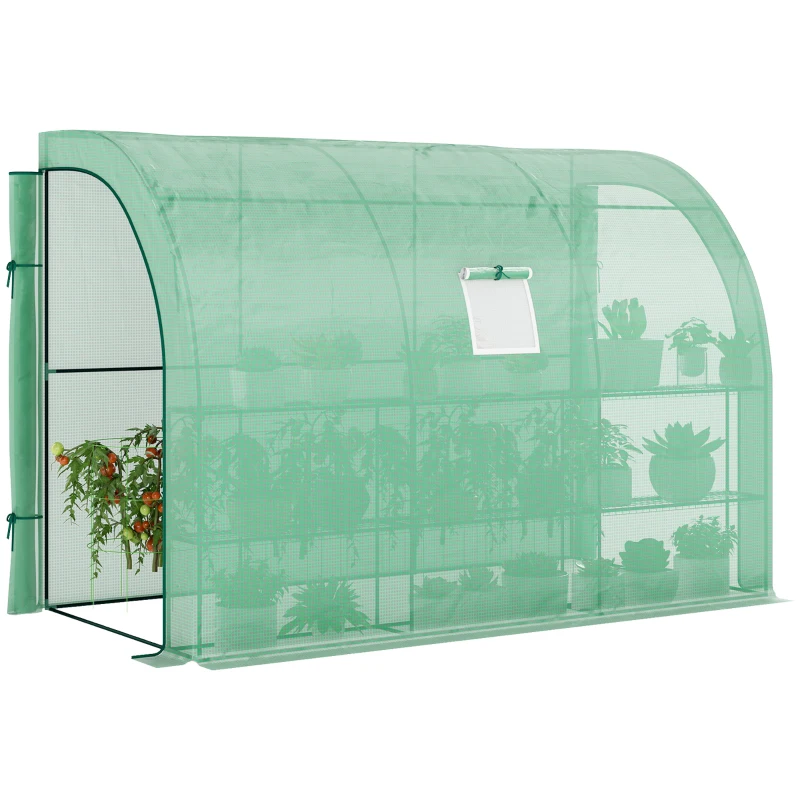 Outsunny Walk-in Wall Lean-to Greenhouse, 10' x 5' x 7' Outdoor Gardening Green House with PE Cover, Windows, Shelves and 2 Zipper Doors, Green