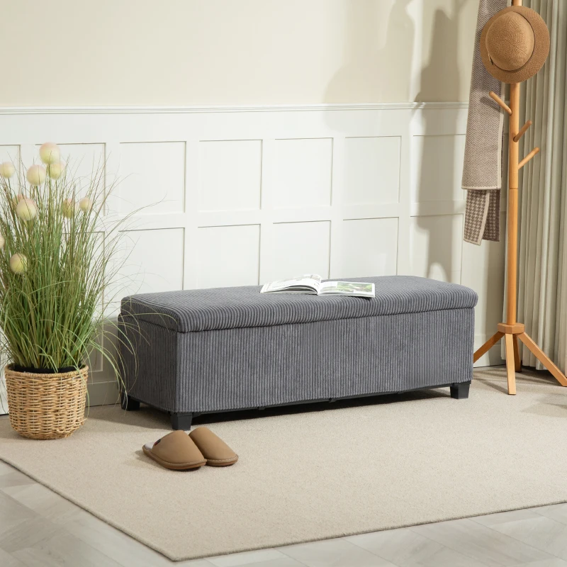 HOMCOM 47 Inches Storage Ottoman Bench, Foot Rest with Legs, End of Bed Bench, Corduroy Storage Chest for Living Room, Gray