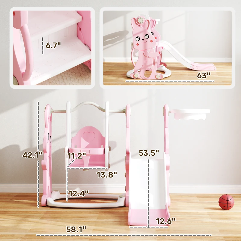 Qaba 4 in 1 Toddler Slide and Swing Set with Climber, Basketball Hoop, Rabbit Themed Kids Playset for Ages 1.5-4, Pink