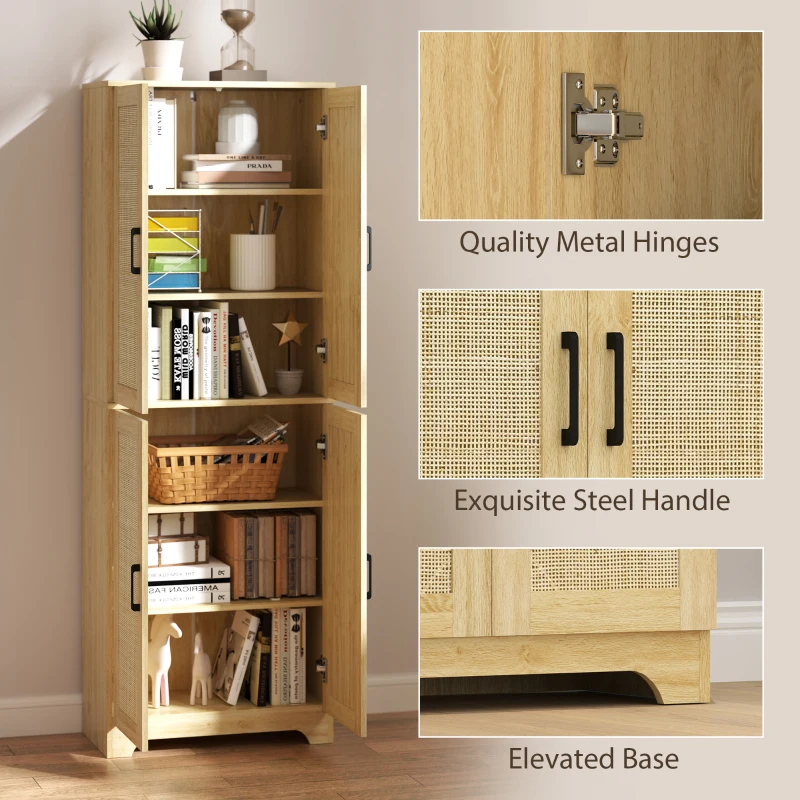 HOMCOM 67" Tall Kitchen Pantry, Freestanding Kitchen Storage Cabinet with 4 Rattan Doors and Adjustable Shelves, Oak