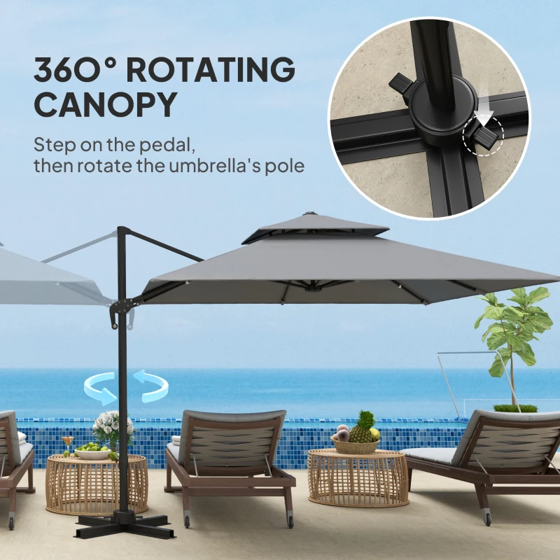 Outsunny 10' x 10' Cantilever Patio Umbrella, Double Top Square Offset Umbrella with 360° Rotation, Light Grey