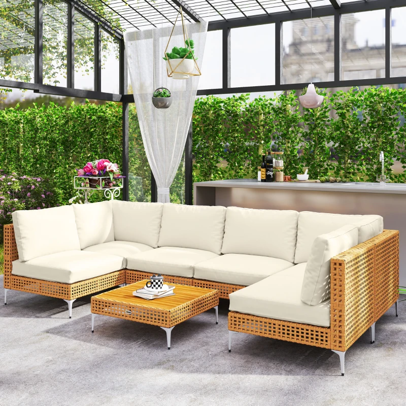 Outsunny 7 Piece Wicker Patio Furniture Set, Modular Outdoor Sectional with Thickened Cushions, Acacia Wood Table, Khaki/Beige
